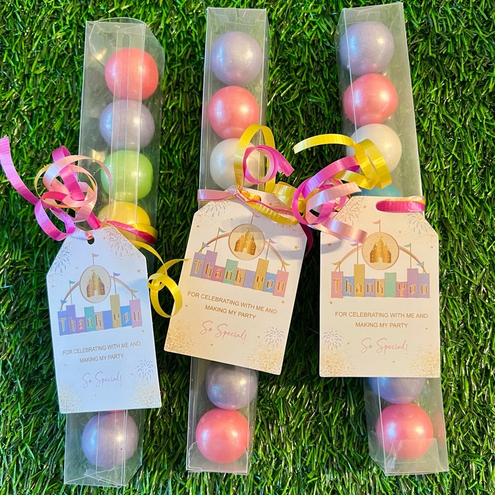 Party Favor Tube with Pink, Purple & Green Shimmer Gumballs Princess Castle